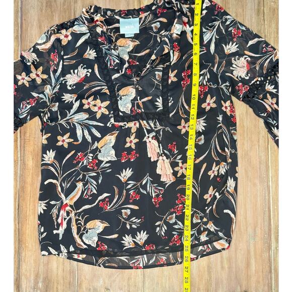 Maeve Anthropologie Women’s Blouse M Black Floral Sheer Boho Bell Sleeve Tassel - Picture 5 of 9